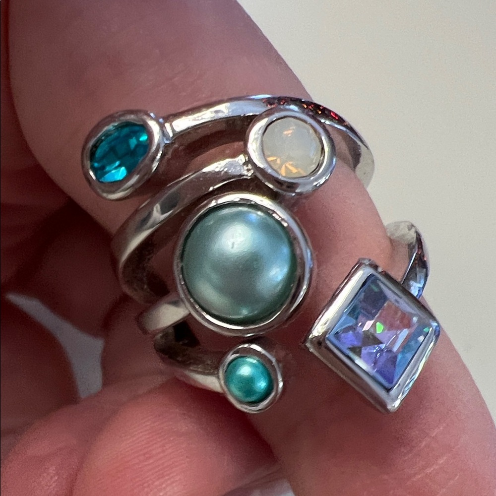 Lia Sophia Comet Ring Silver Tone with Teal White Blue & Green Stones Size 8 - Picture 7 of 7